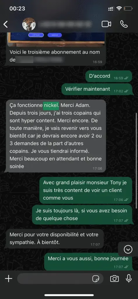 Avis client SubTV IPTV reçu sur WhatsApp (1)